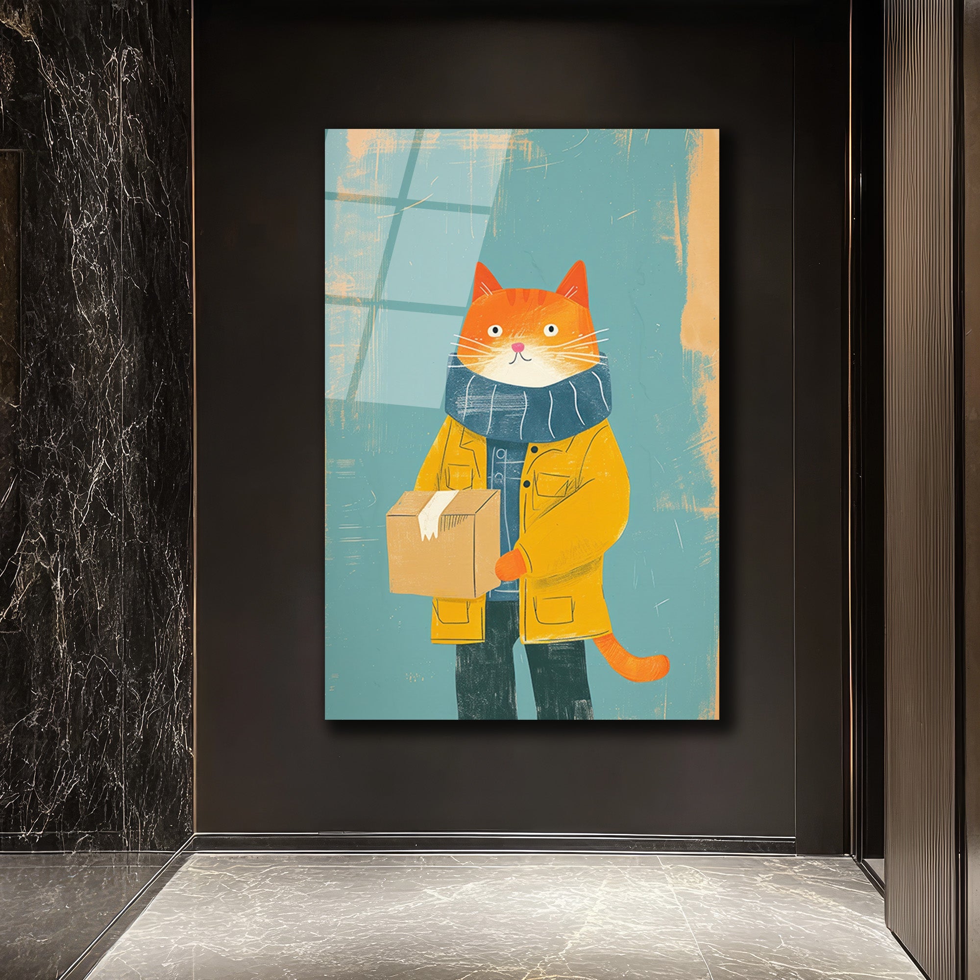 Sevimli Postacı Kedi Modern Sanat Cam Tablo