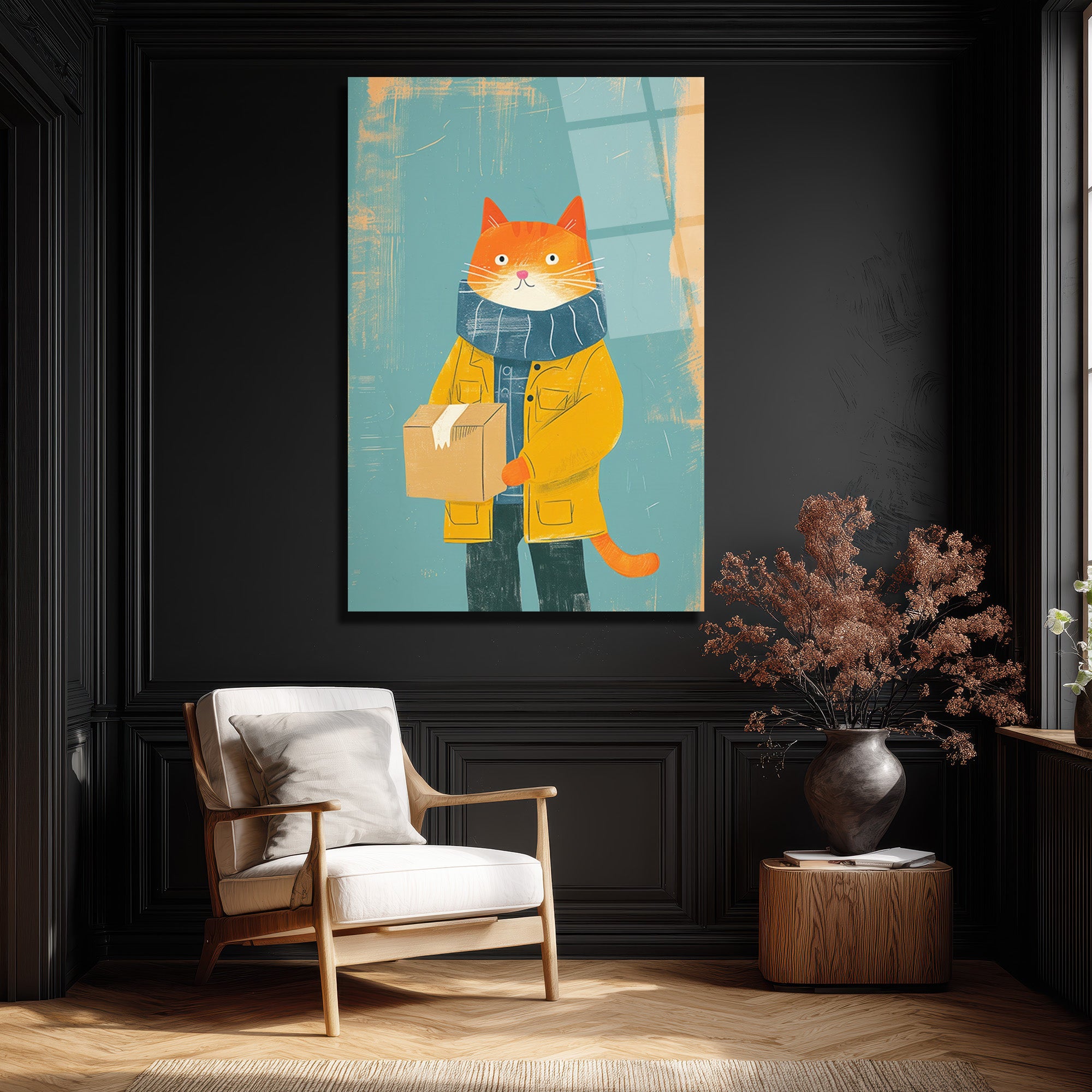 Sevimli Postacı Kedi Modern Sanat Cam Tablo