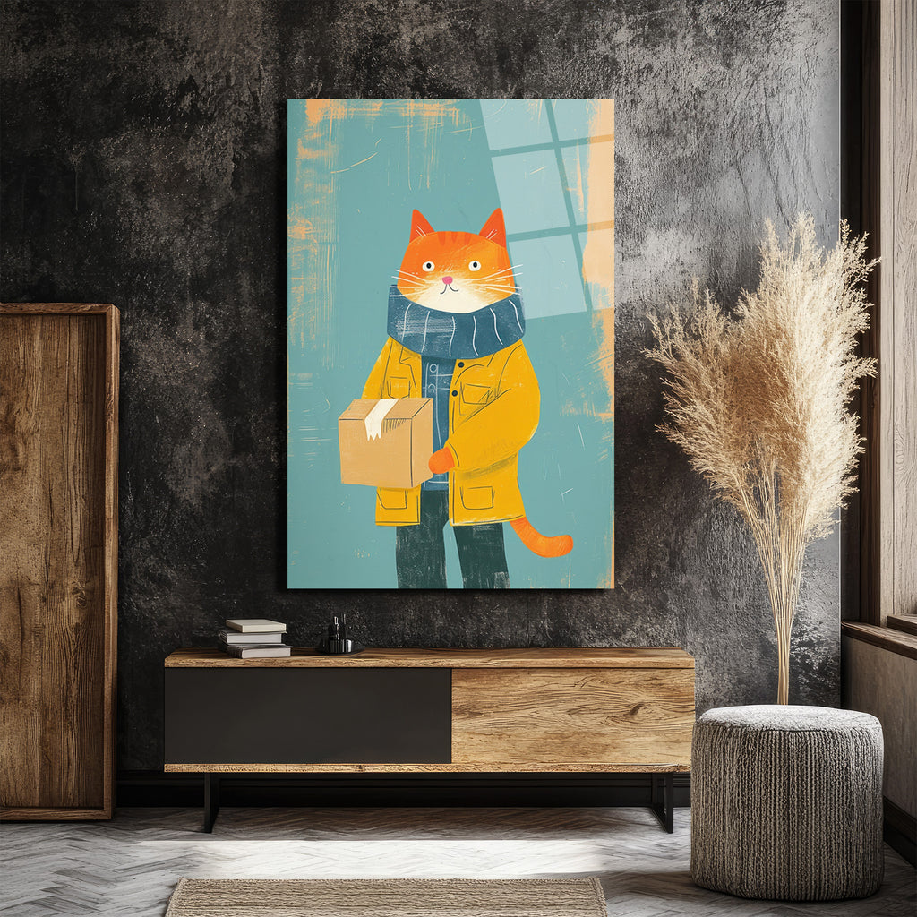 Sevimli Postacı Kedi Modern Sanat Cam Tablo