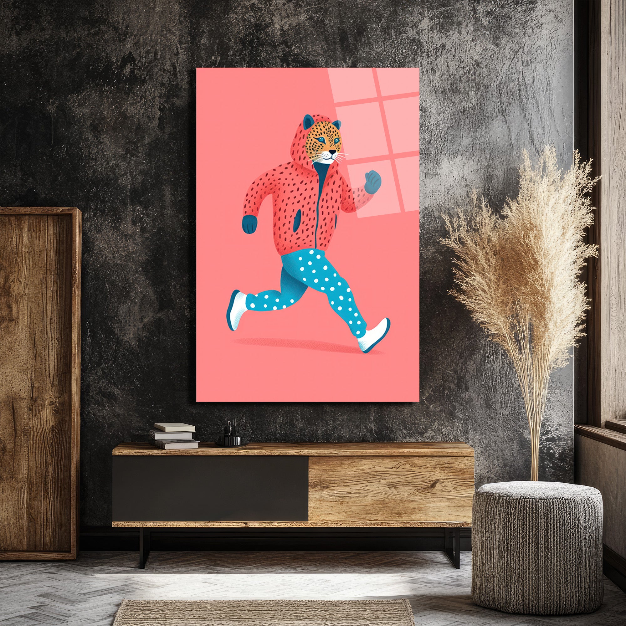 Koşan Leopar Figürlü Modern Cam Tablo