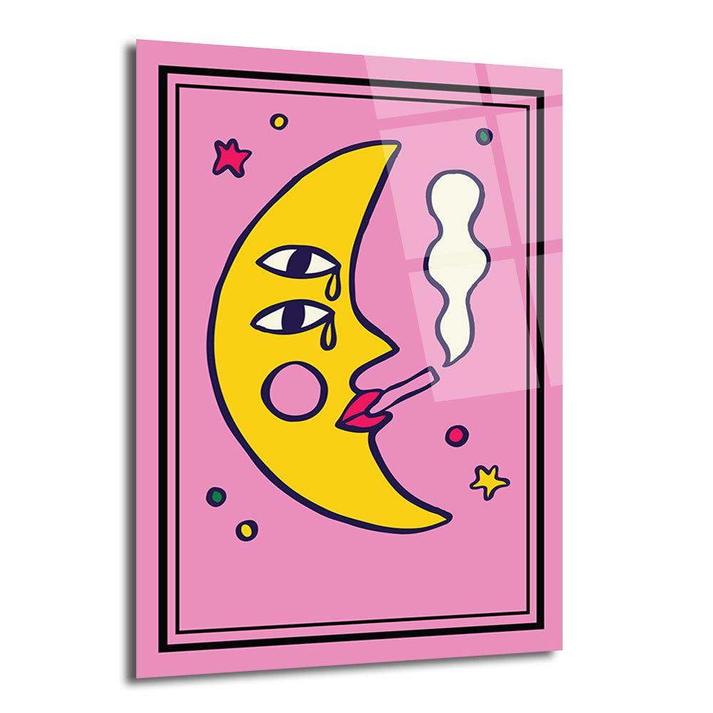 Pembe arka plan üzerinde, birden fazla gözü olan, ağlayan ve sigara içen sarı renkli, karikatürize bir hilal ayın yer aldığı retro tarzı sanatsal cam tablo.