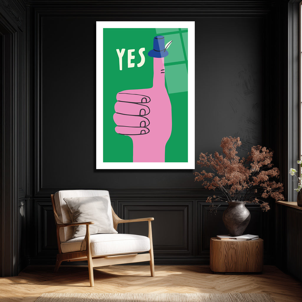Evet İşareti Pembe El ve Şapka Temalı Modern Cam Tablo