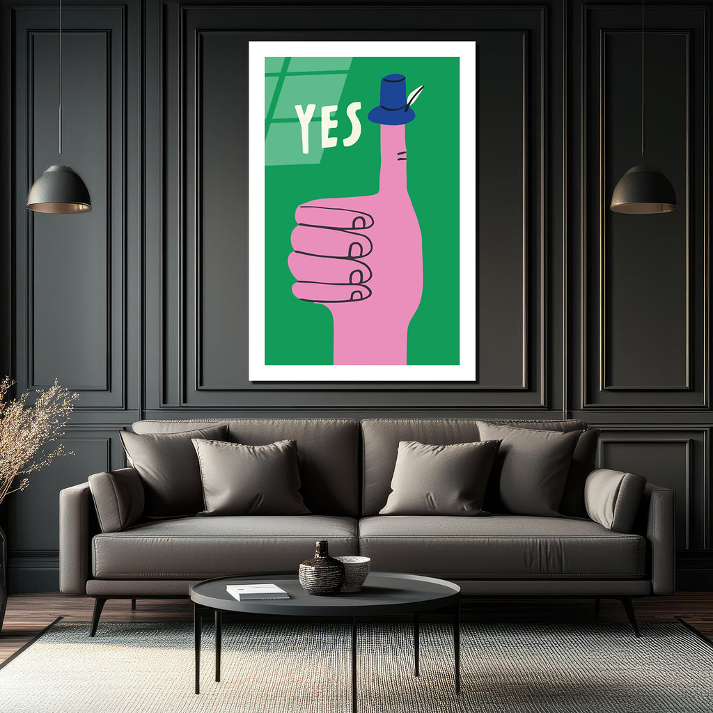 Evet İşareti Pembe El ve Şapka Temalı Modern Cam Tablo