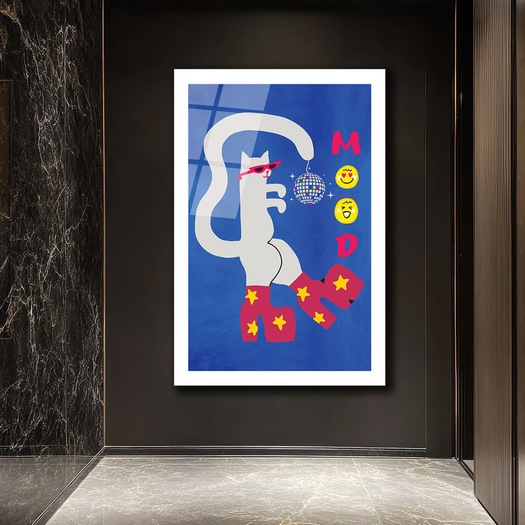 Disko Kedi Mood Cam Tablo - Eğlenceli Pop Art Duvar Sanatı