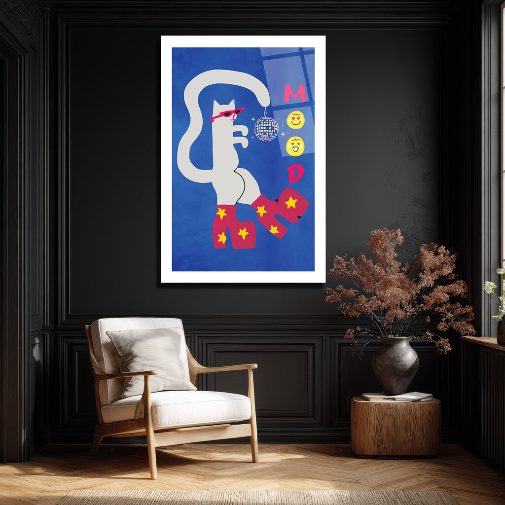 Disko Kedi Mood Cam Tablo - Eğlenceli Pop Art Duvar Sanatı