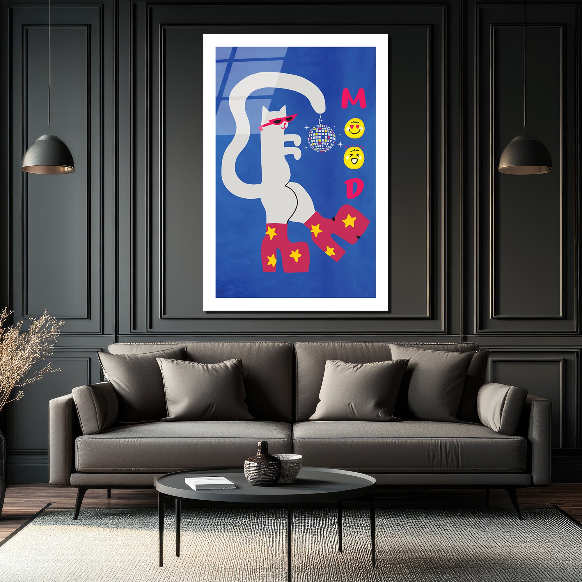 Disko Kedi Mood Cam Tablo - Eğlenceli Pop Art Duvar Sanatı