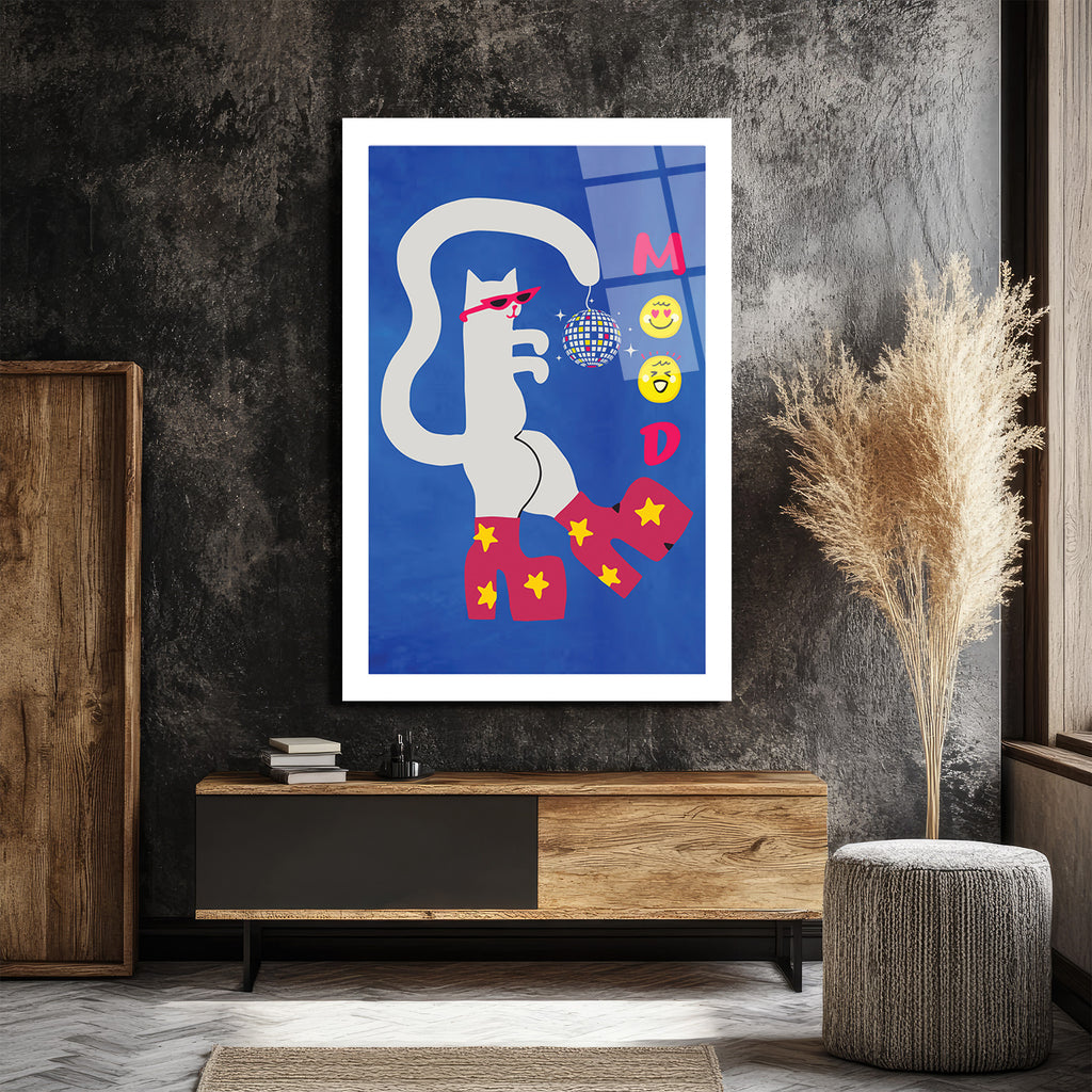 Disko Kedi Mood Cam Tablo - Eğlenceli Pop Art Duvar Sanatı