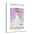 Gustav Klimt'in 'Mäda Primavesi' adlı tablosunu gösteren bir cam tablo. Resimde mor ve pembe tonlarda çiçekli bir arka plan önünde, beyaz fırfırlı elbise giymiş, saçında mavi kurdele olan genç bir kız ayakta duruyor.