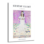 Gustav Klimt'in 'Mäda Primavesi' adlı tablosunu gösteren bir cam tablo. Resimde mor ve pembe tonlarda çiçekli bir arka plan önünde, beyaz fırfırlı elbise giymiş, saçında mavi kurdele olan genç bir kız ayakta duruyor.