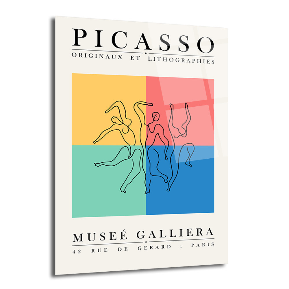 Dört canlı renkli zeminde (sarı, kırmızı, mint yeşili, mavi) soyut dans eden insan figürlerinin siyah tek çizgi çizimlerini içeren, üstünde 'PICASSO' ve altında 'MUSEE GALLIERA' yazan modern bir cam tablo.