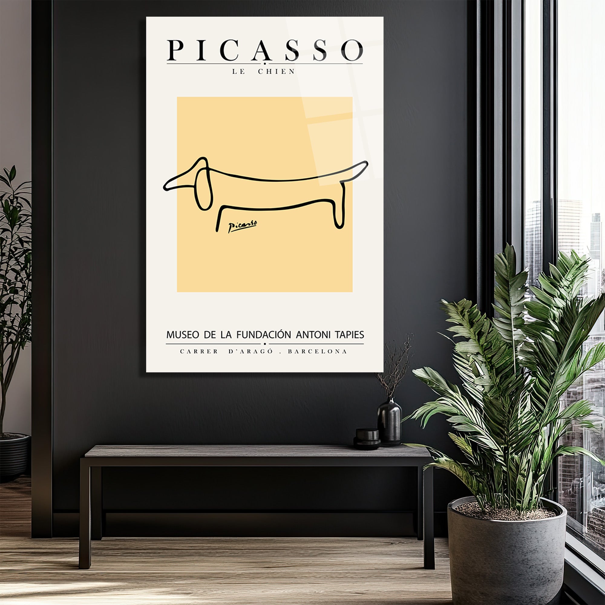 Minimalist Picasso 'Le Chien' Çizgisel Köpek Cam Tablo