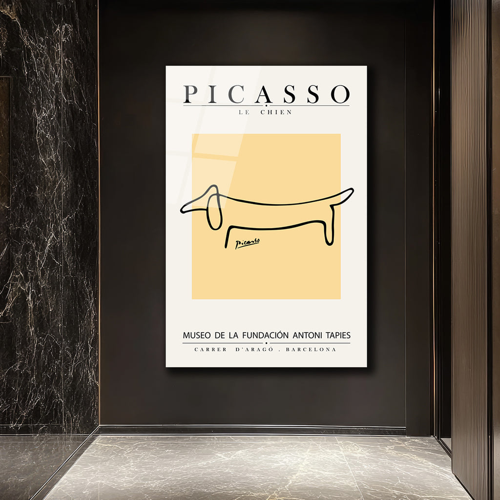 Minimalist Picasso 'Le Chien' Çizgisel Köpek Cam Tablo