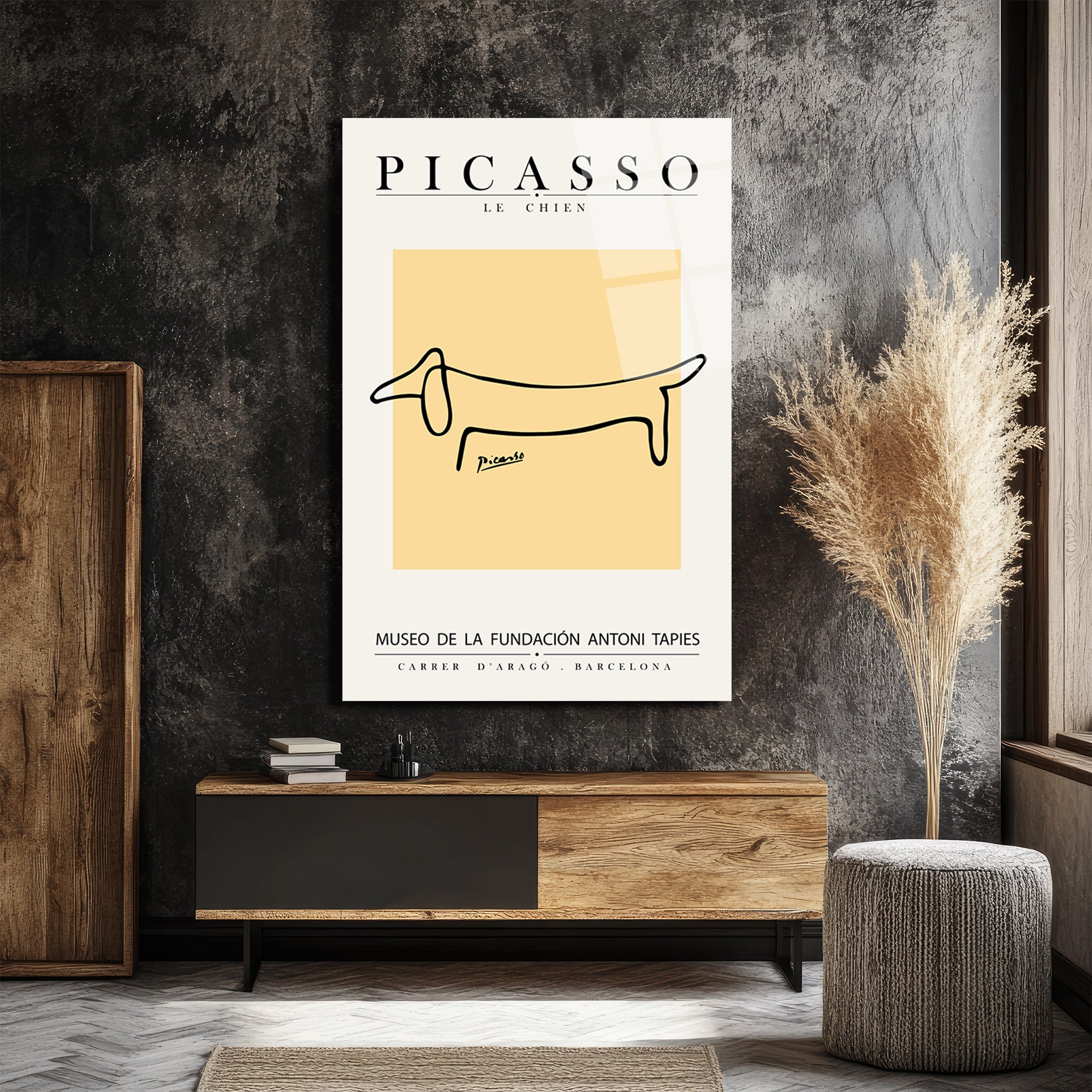 Minimalist Picasso 'Le Chien' Çizgisel Köpek Cam Tablo