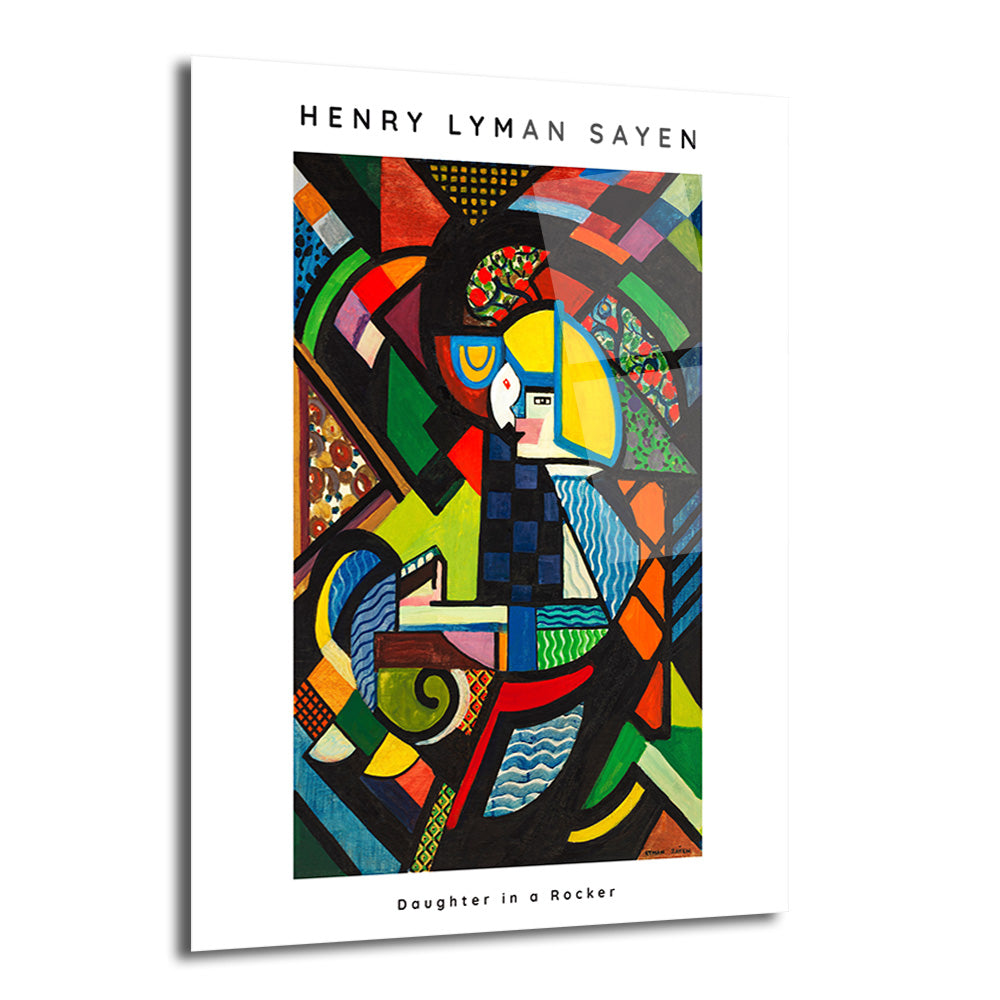 Henry Lyman Sayen'in 'Daughter in a Rocker' adlı eserinden esinlenilmiş, canlı renklerde geometrik şekiller ve stilize bir figür içeren kübist tarzda modern sanat cam tablo. Başlıca renkler kırmızı, mavi, sarı, yeşil ve siyah.