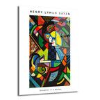 Henry Lyman Sayen'in 'Daughter in a Rocker' adlı eserinden esinlenilmiş, canlı renklerde geometrik şekiller ve stilize bir figür içeren kübist tarzda modern sanat cam tablo. Başlıca renkler kırmızı, mavi, sarı, yeşil ve siyah.