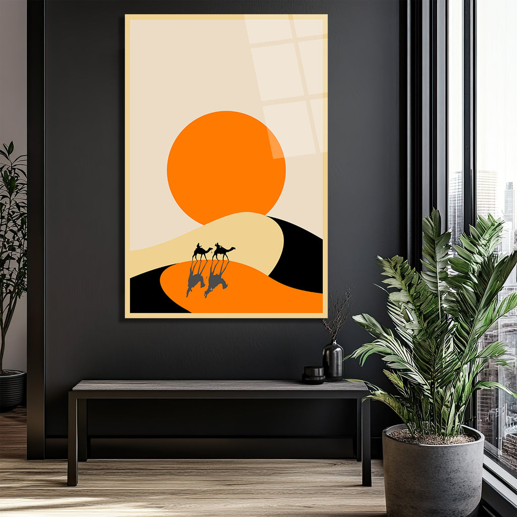 Çöl Güneşi ve Deve Kervanı Cam Tablo - Minimalist Duvar Sanatı