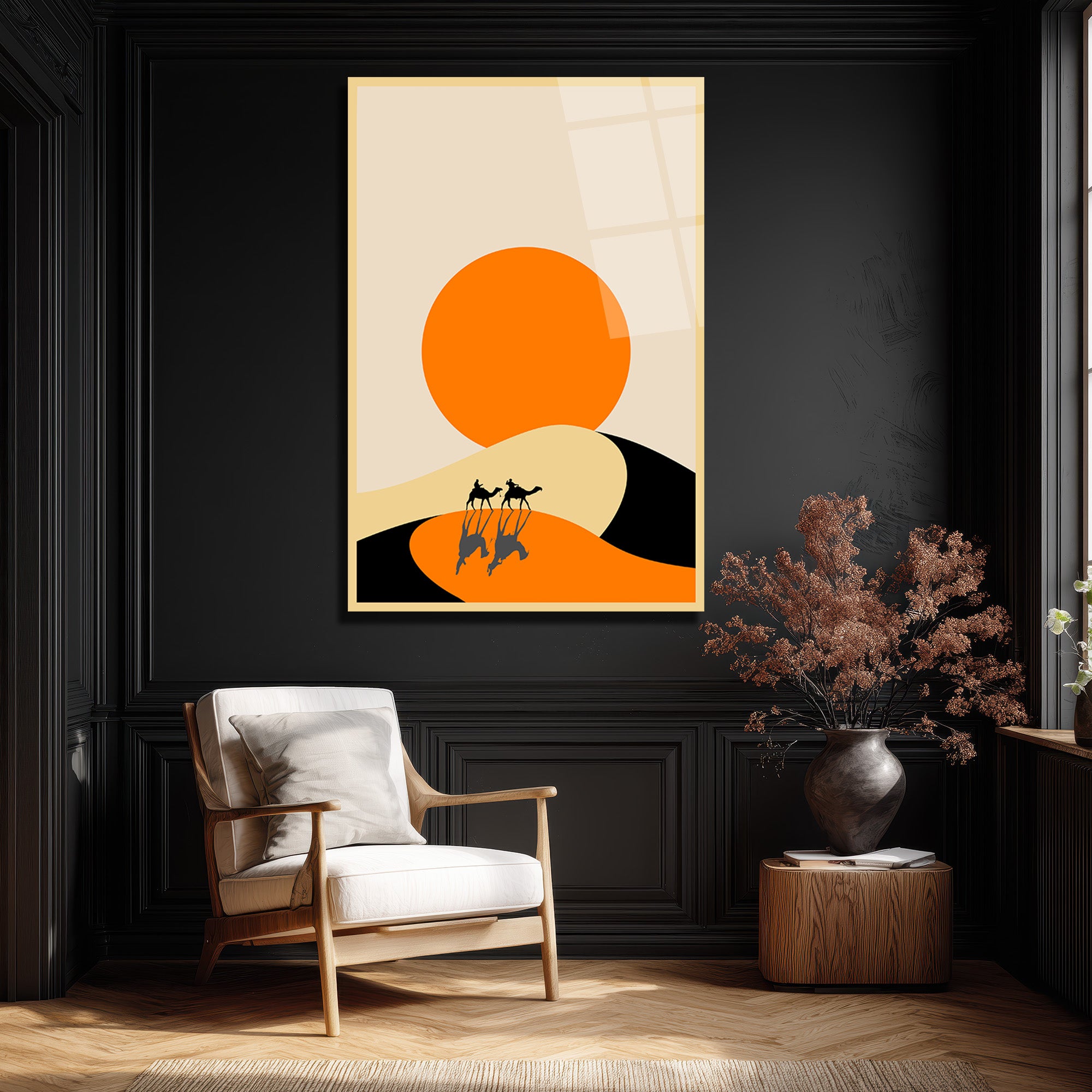Çöl Güneşi ve Deve Kervanı Cam Tablo - Minimalist Duvar Sanatı