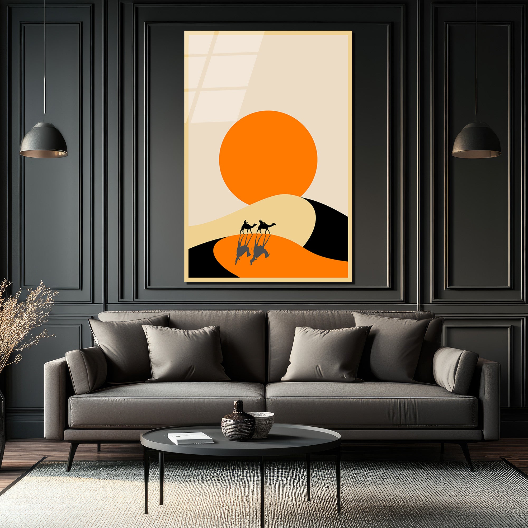 Çöl Güneşi ve Deve Kervanı Cam Tablo - Minimalist Duvar Sanatı