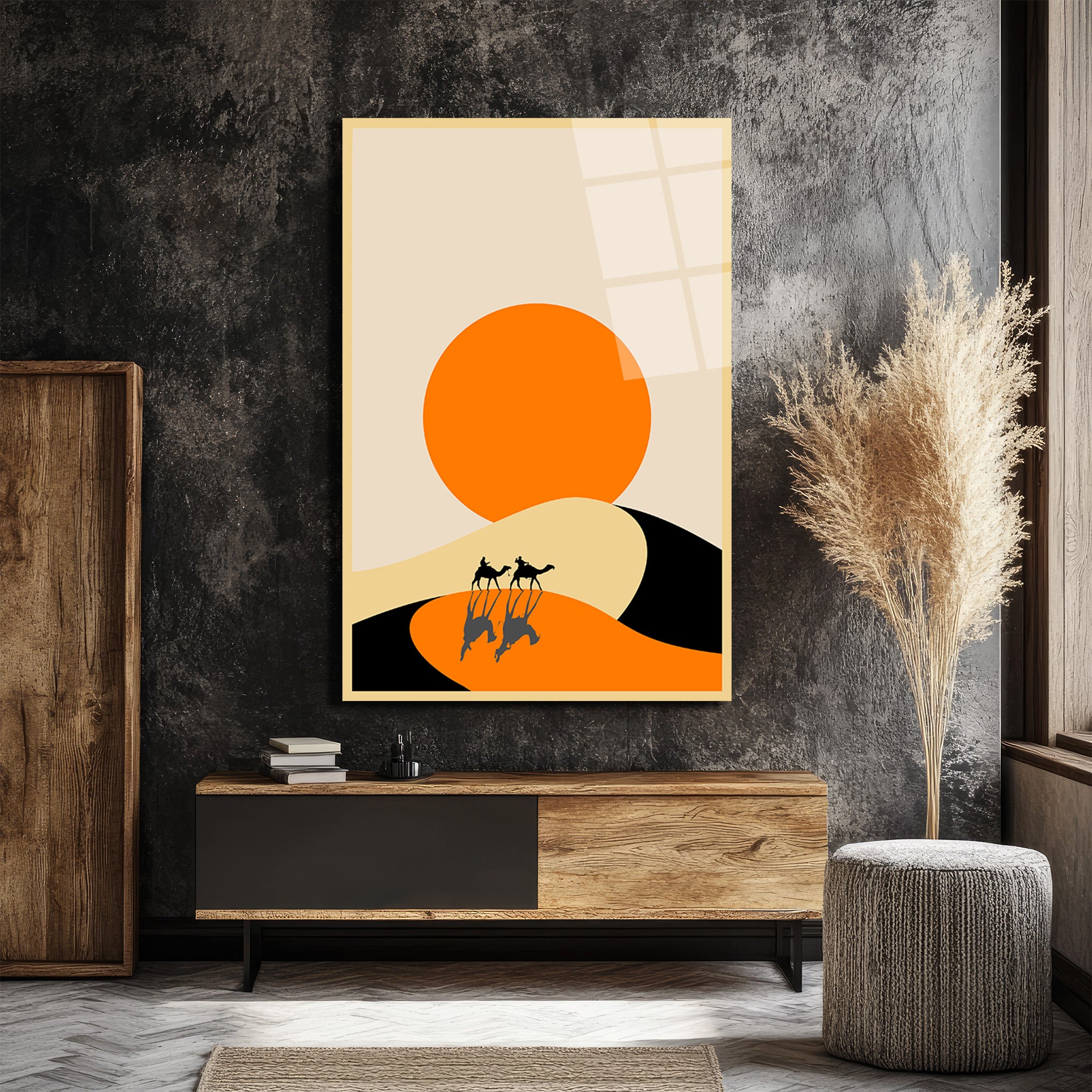 Çöl Güneşi ve Deve Kervanı Cam Tablo - Minimalist Duvar Sanatı