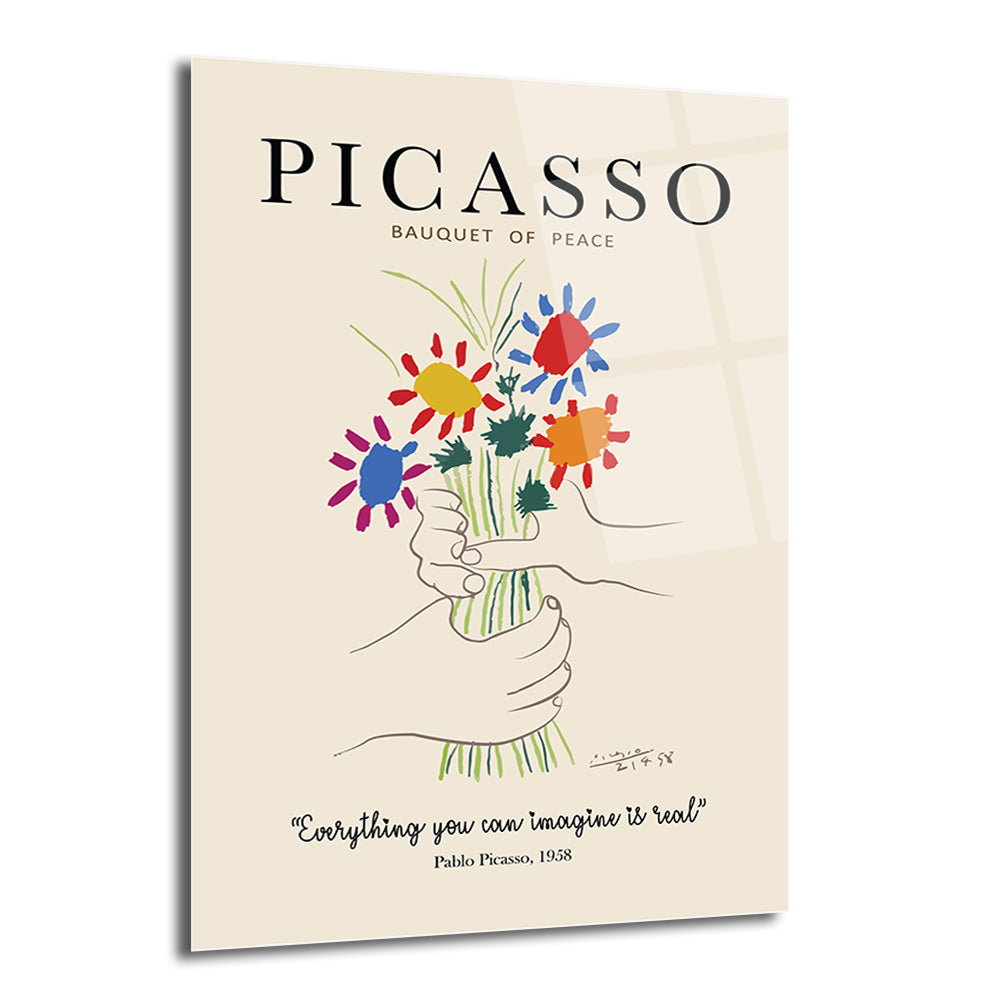 Açık krem renkli arka plan üzerinde, Pablo Picasso'nun Barış Buketi adlı eserinin minimalist çizimini gösteren cam tablo. İki elin tuttuğu, kırmızı, mavi, sarı ve turuncu renkli stilize çiçeklerden oluşan bir demet öne çıkıyor. Üstte 'PICASSO BAUQUET OF PEACE', altta ise 'Everything you can imagine is real' yazısı bulunuyor.