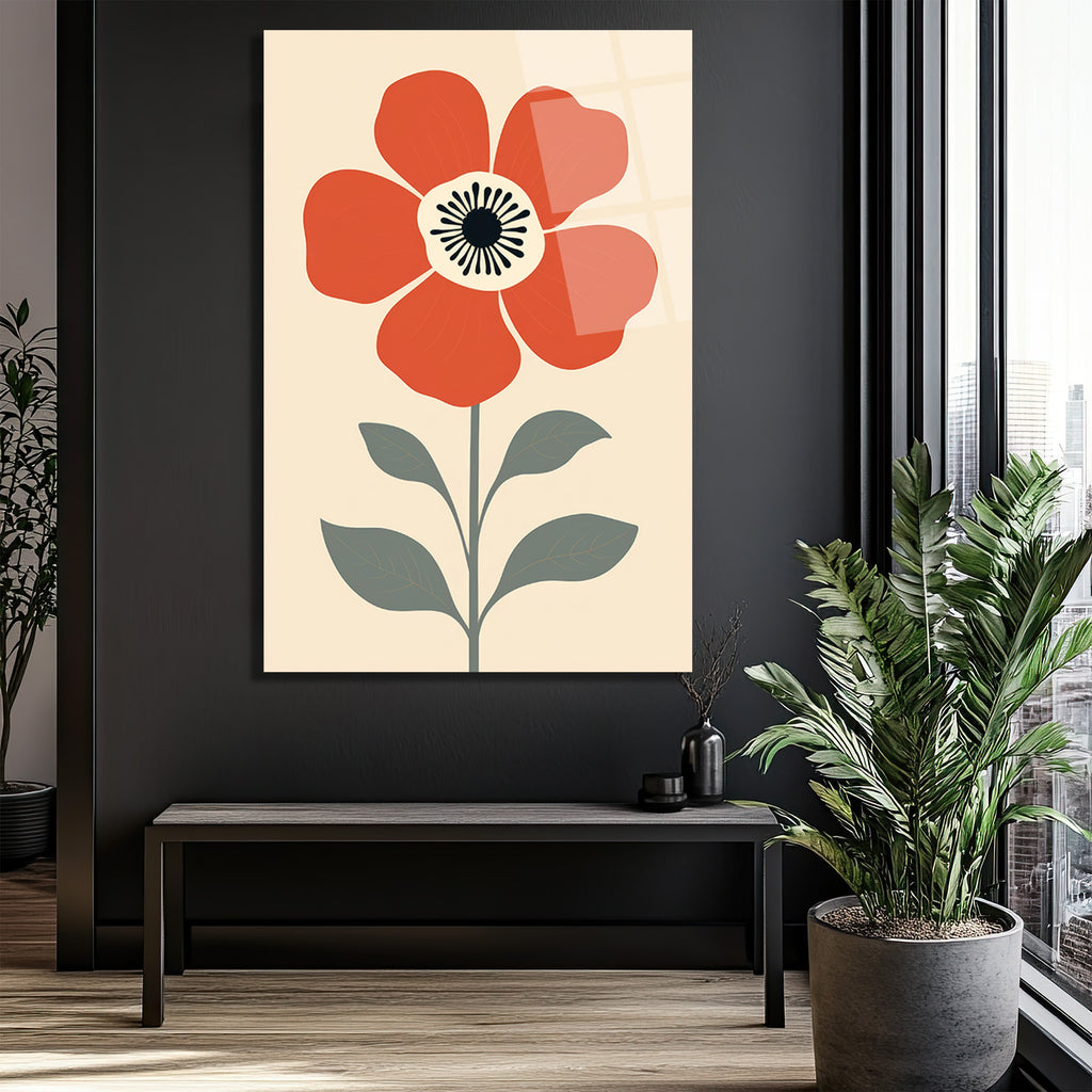 Kırmızı Çiçekli Modern Minimalist Cam Tablo