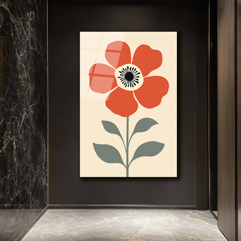 Kırmızı Çiçekli Modern Minimalist Cam Tablo