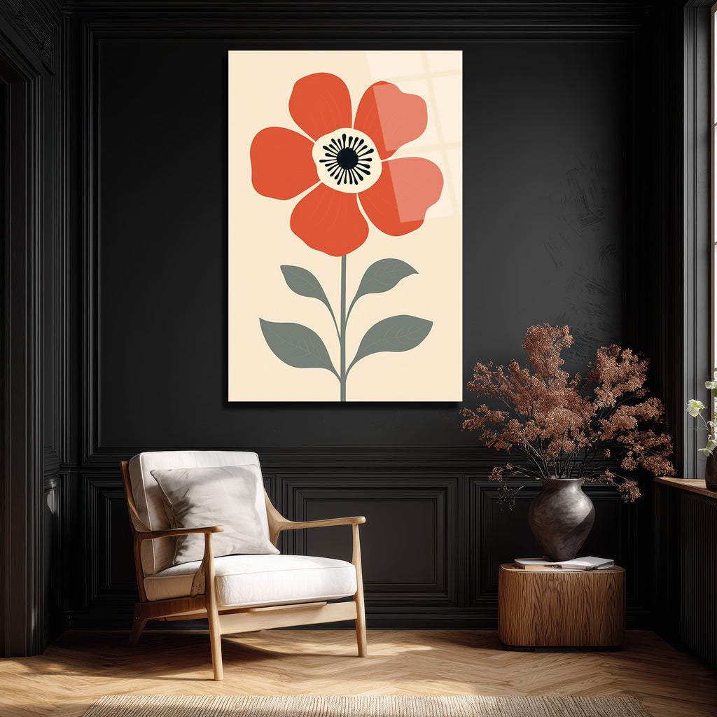 Kırmızı Çiçekli Modern Minimalist Cam Tablo