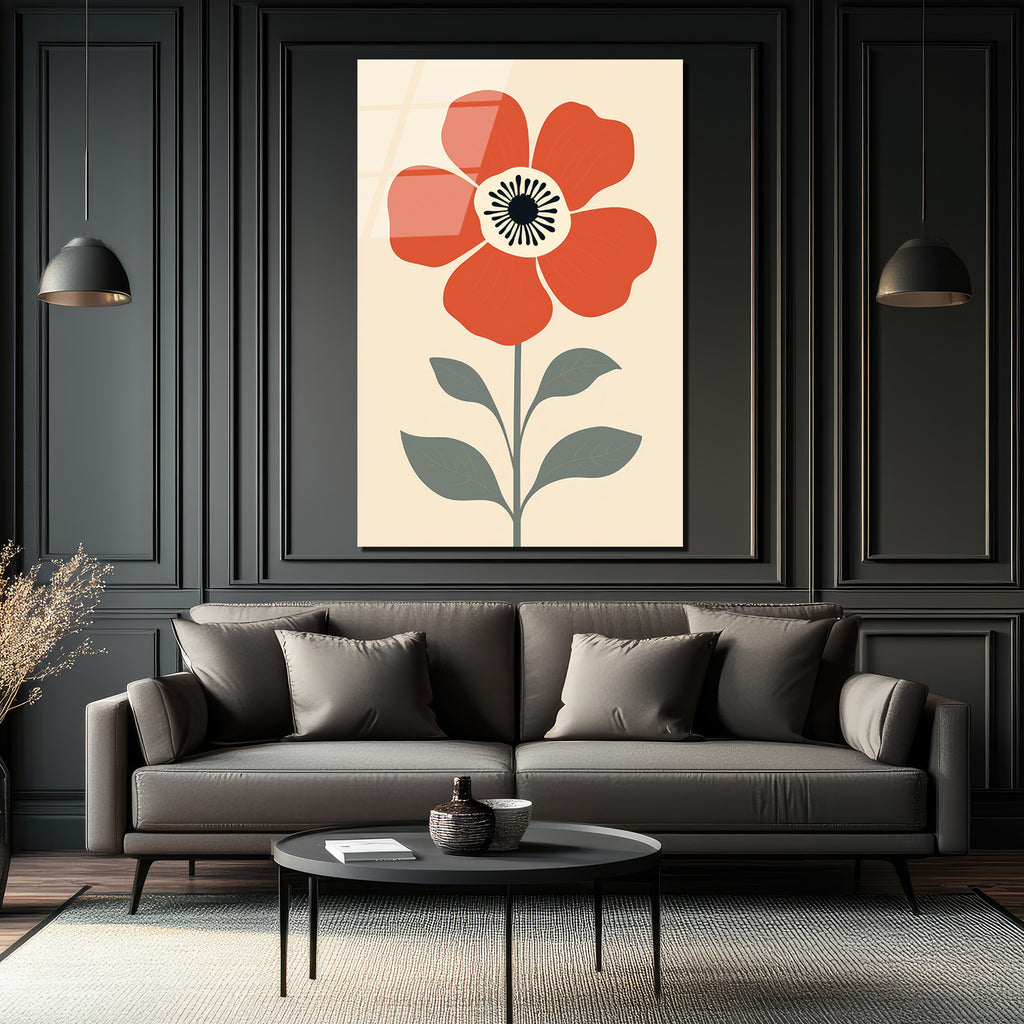 Kırmızı Çiçekli Modern Minimalist Cam Tablo