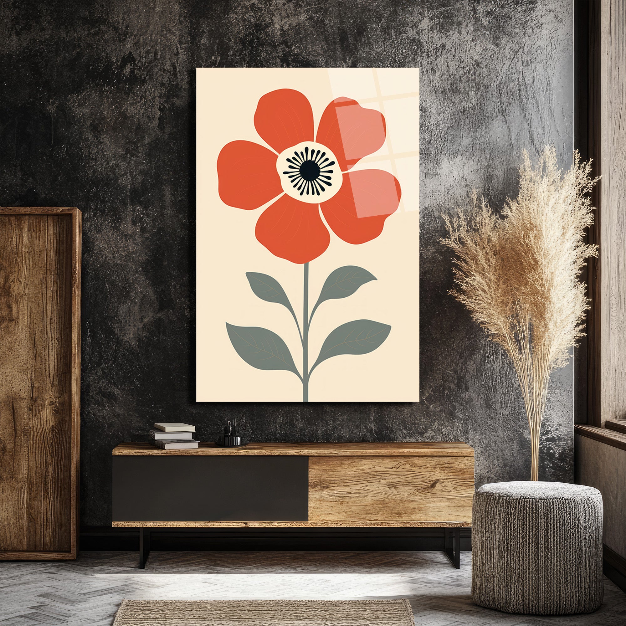 Kırmızı Çiçekli Modern Minimalist Cam Tablo