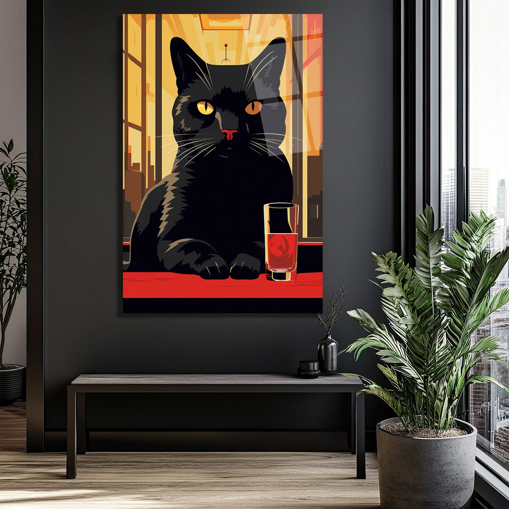 Gizemli Kara Kedi ve Kırmızı Kadeh Cam Tablo