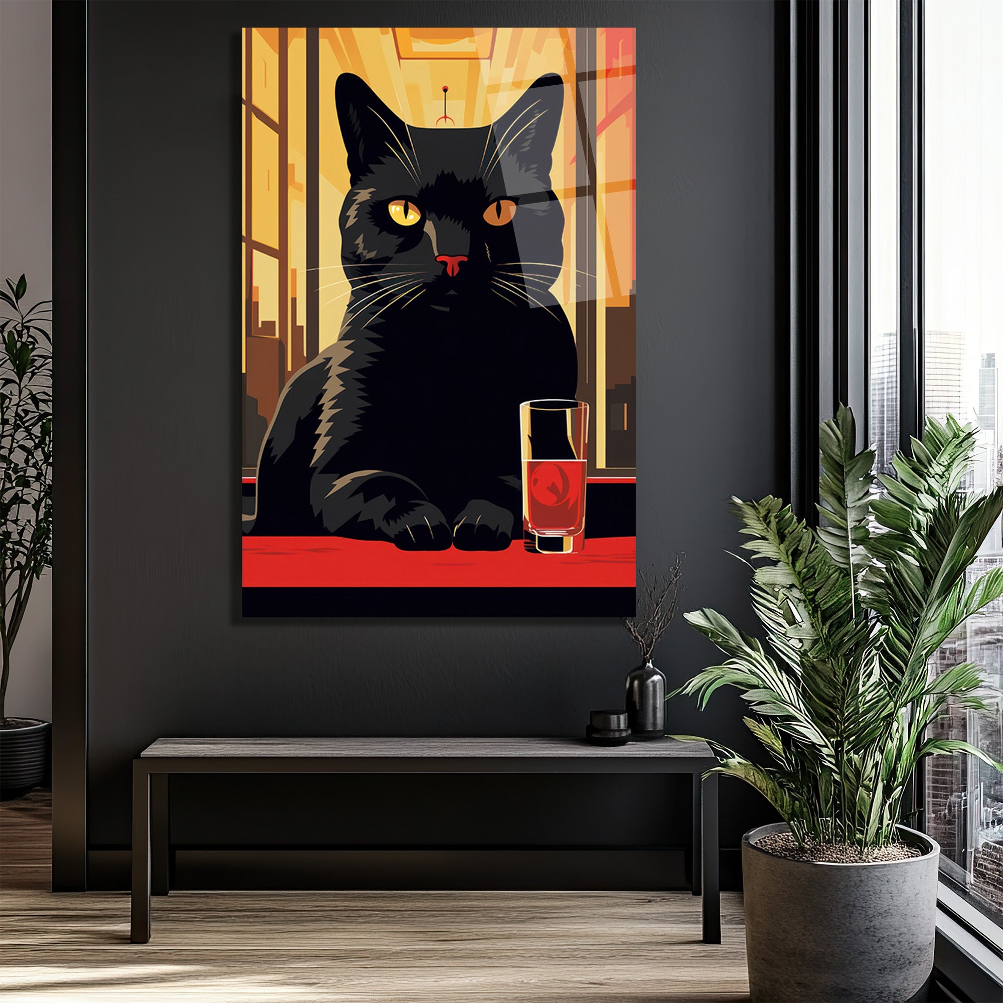 Gizemli Kara Kedi ve Kırmızı Kadeh Cam Tablo