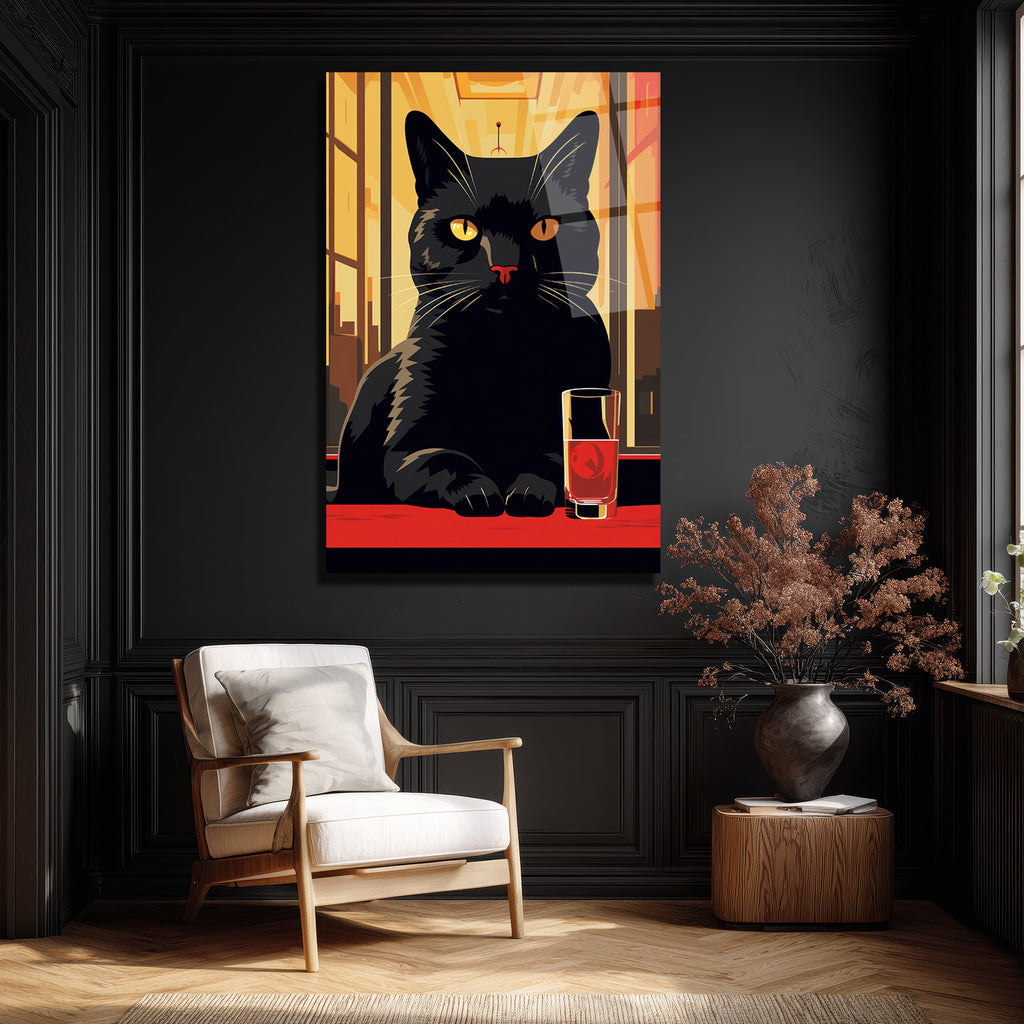 Gizemli Kara Kedi ve Kırmızı Kadeh Cam Tablo