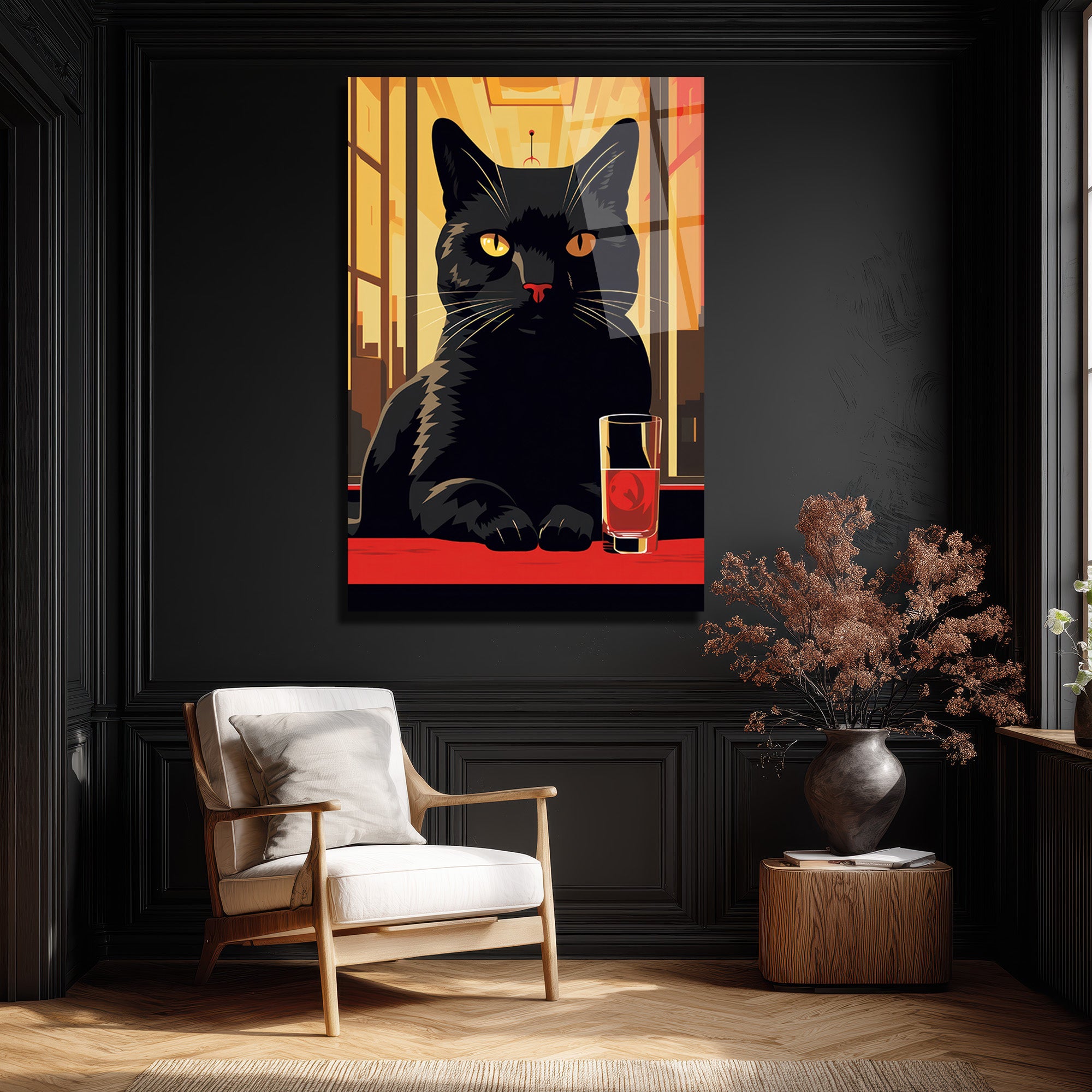 Gizemli Kara Kedi ve Kırmızı Kadeh Cam Tablo