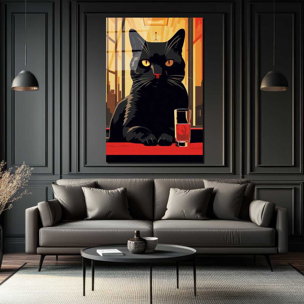 Gizemli Kara Kedi ve Kırmızı Kadeh Cam Tablo