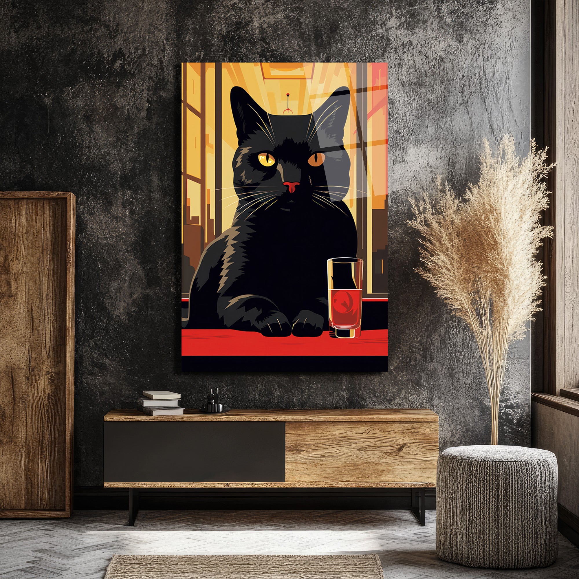 Gizemli Kara Kedi ve Kırmızı Kadeh Cam Tablo