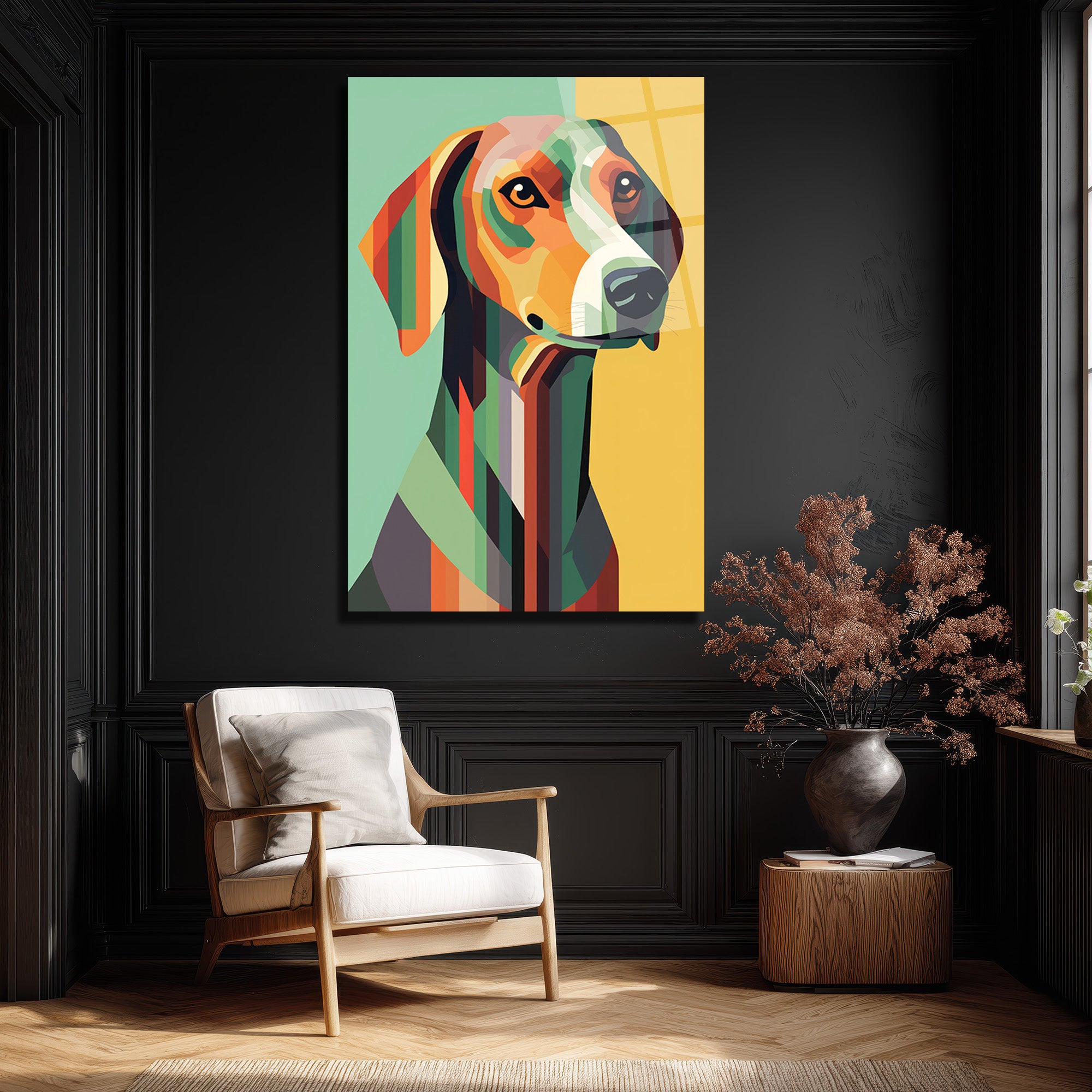 Modern Geometrik Köpek Sanatı Cam Tablo