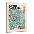 Yayoi Kusama'nın Sonsuzluk Noktaları serisinden, bej zemin üzerinde farklı boyutlarda teal, gri ve siyah konsantrik daire desenlerinin yer aldığı modern bir cam tablo. Sol üstte "YAYOI KUSAMA", sol altta "INFINITY DOTS YODO GALLERY" ve sağ altta "OSAKA 1992" yazıları bulunuyor.