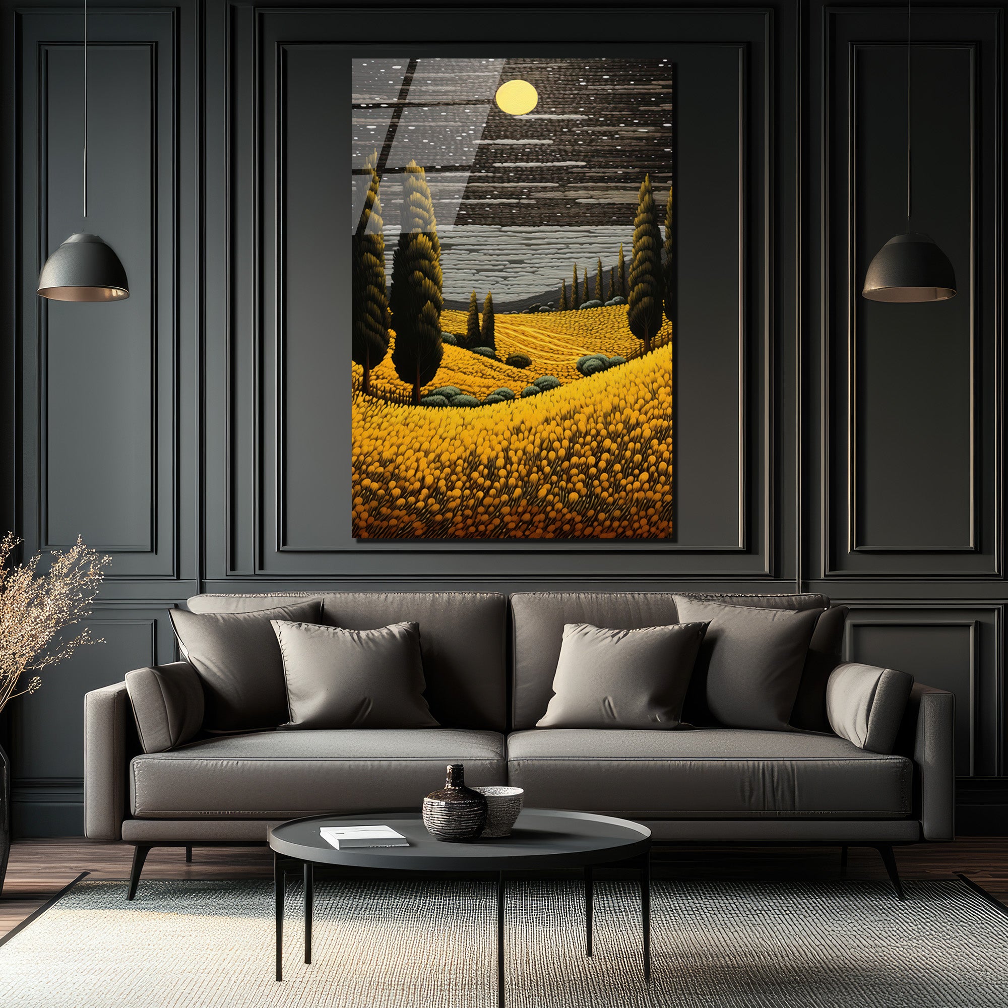 Ay Işığı ve Altın Tarlalar Modern Cam Tablo