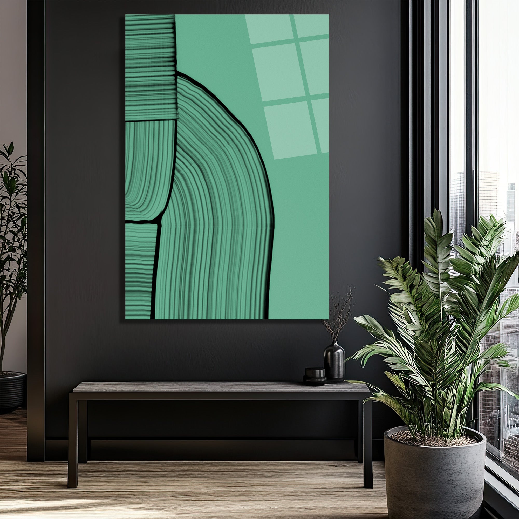 Mint Yeşili Soyut Çizgili Modern Cam Tablo