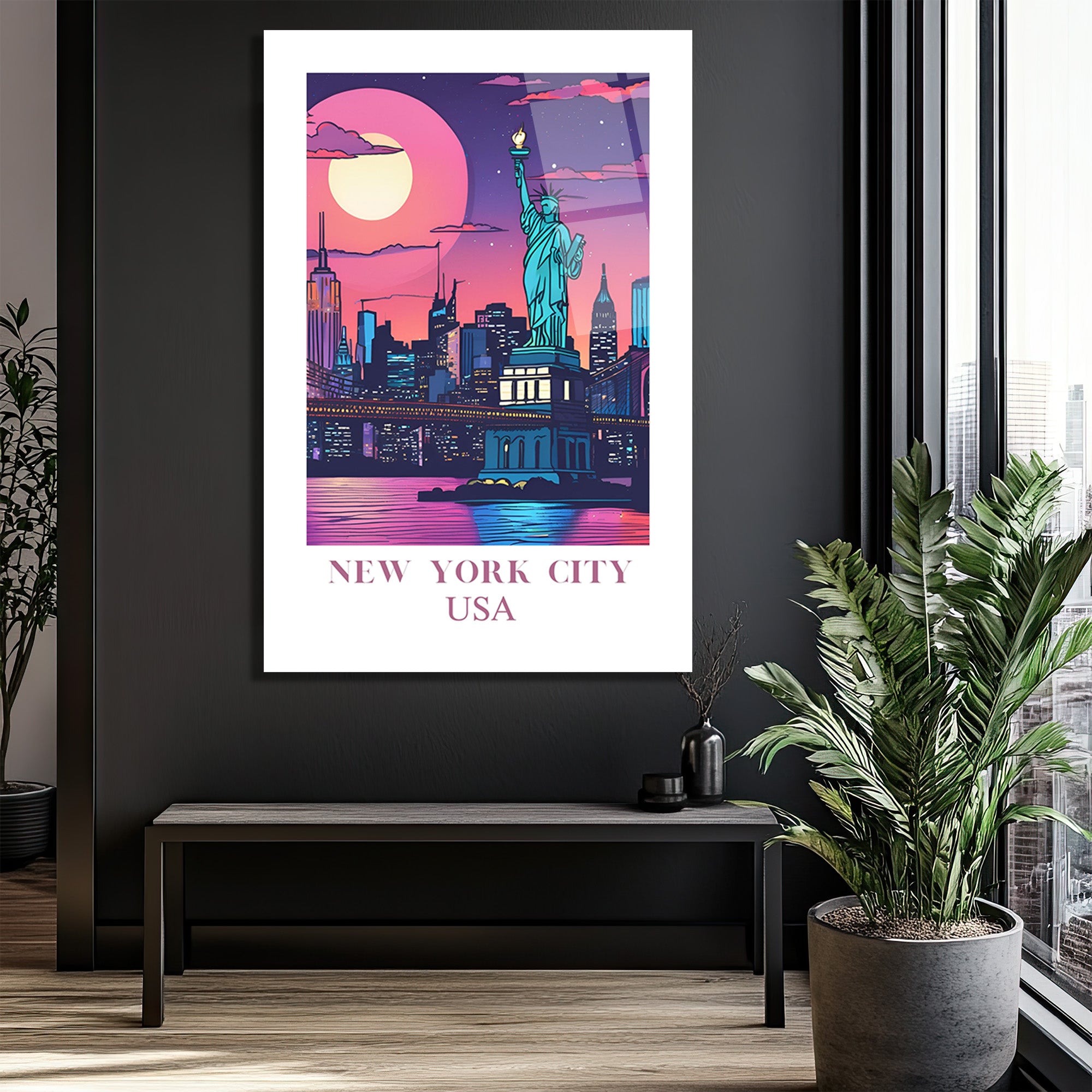 New York City USA Işıltılı Şehir Manzarası Cam Tablo