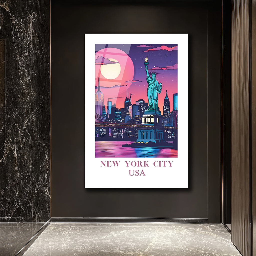New York City USA Işıltılı Şehir Manzarası Cam Tablo