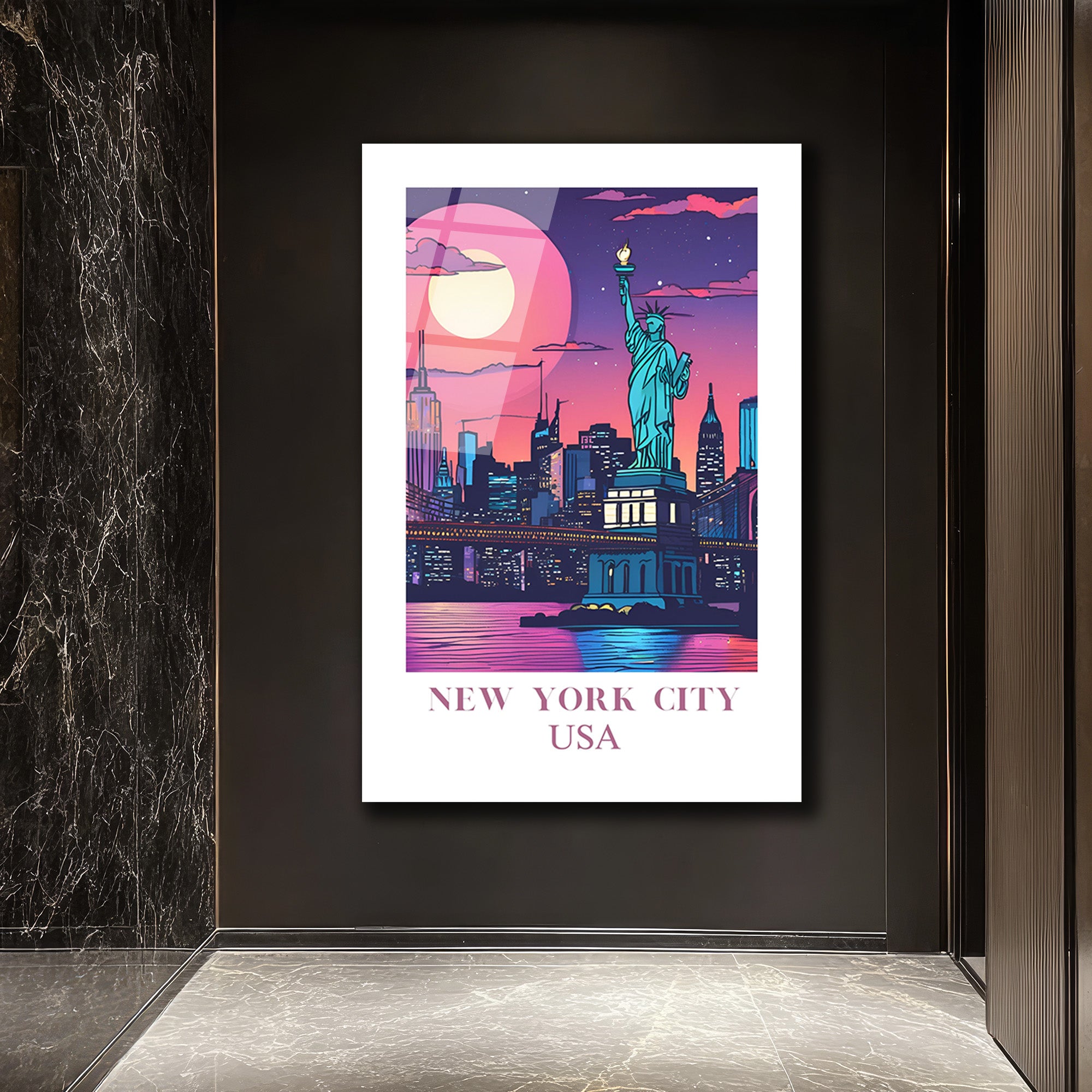 New York City USA Işıltılı Şehir Manzarası Cam Tablo