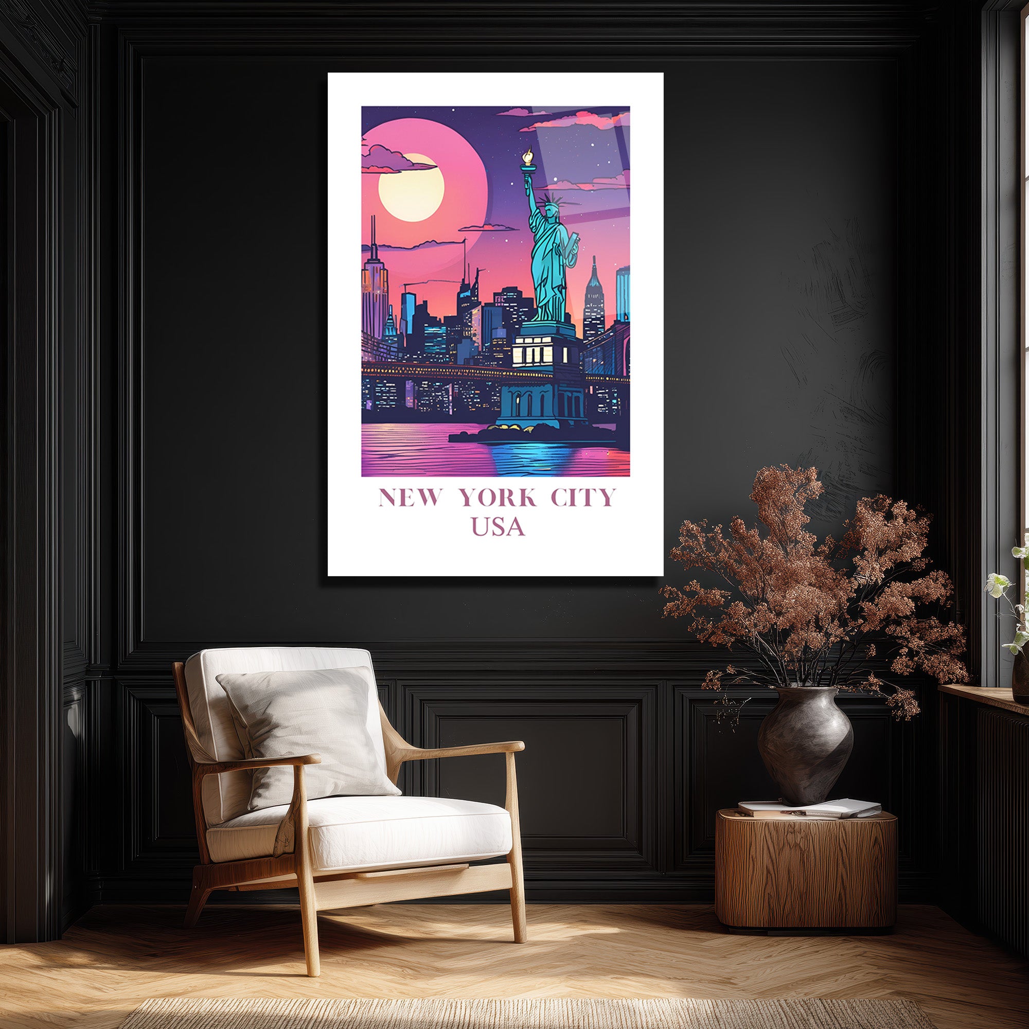 New York City USA Işıltılı Şehir Manzarası Cam Tablo