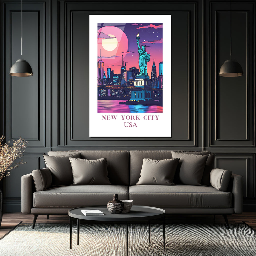 New York City USA Işıltılı Şehir Manzarası Cam Tablo