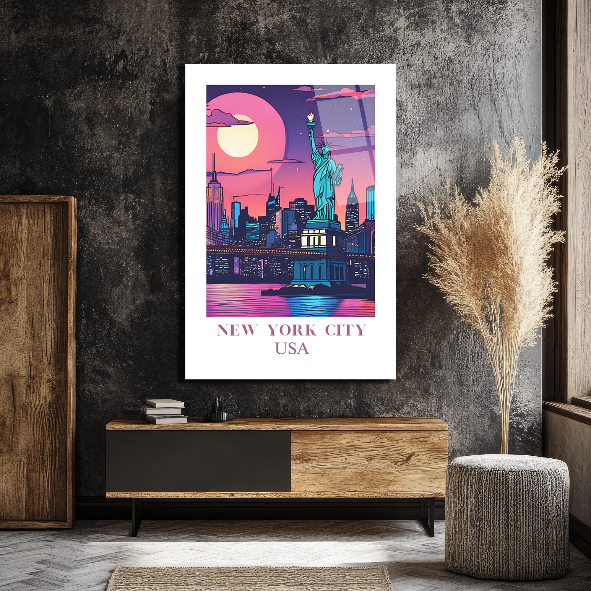 New York City USA Işıltılı Şehir Manzarası Cam Tablo