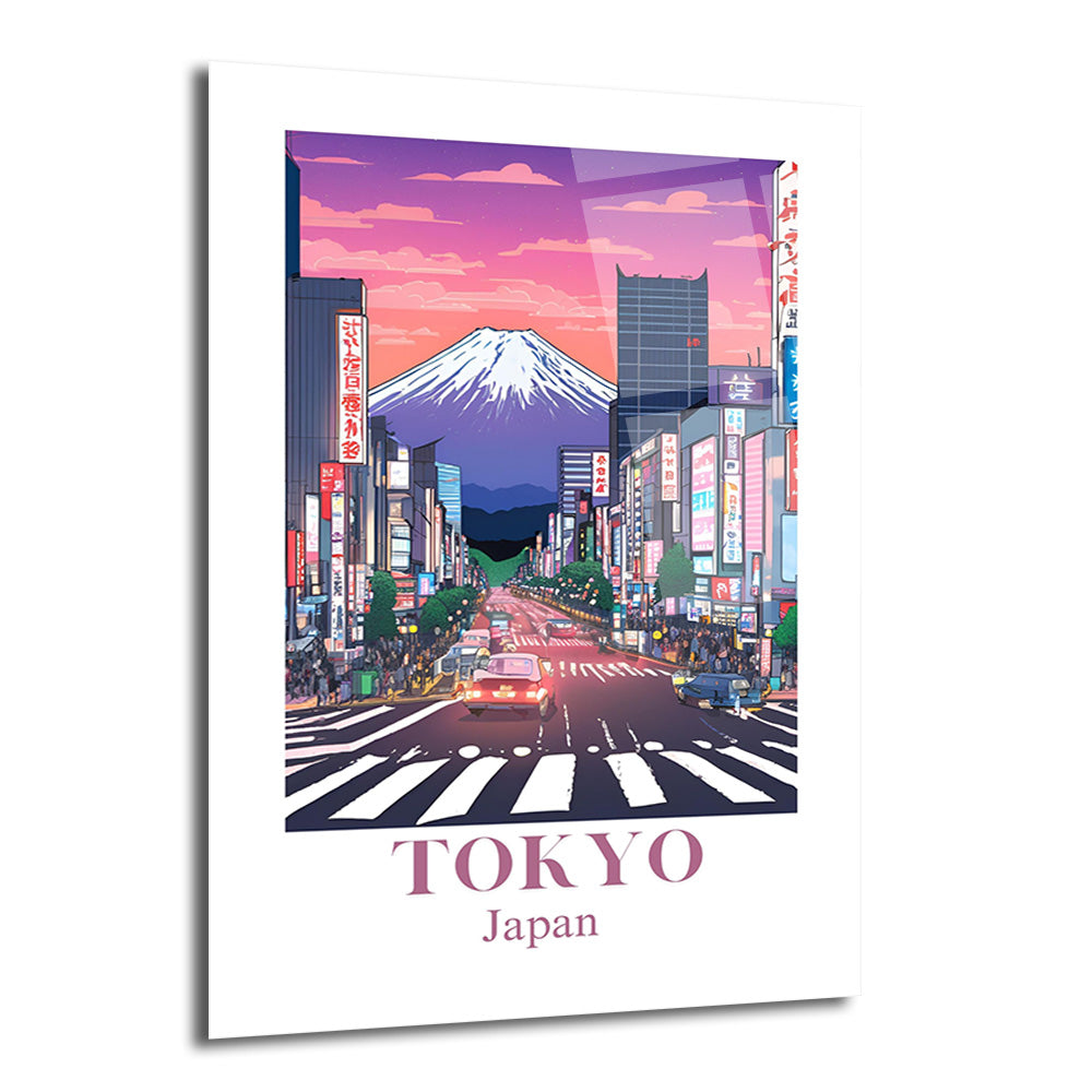 Japonya'nın hareketli Tokyo şehrinin, arka planda görkemli Fuji Dağı ile birleştiği, gün batımı tonlarında neon ışıklı bir cadde illüstrasyonu. Yolda arabalar, kaldırımlarda insanlar ve rengarenk binalar bulunmaktadır. Görselin altında 'TOKYO Japan' yazısı yer alıyor.