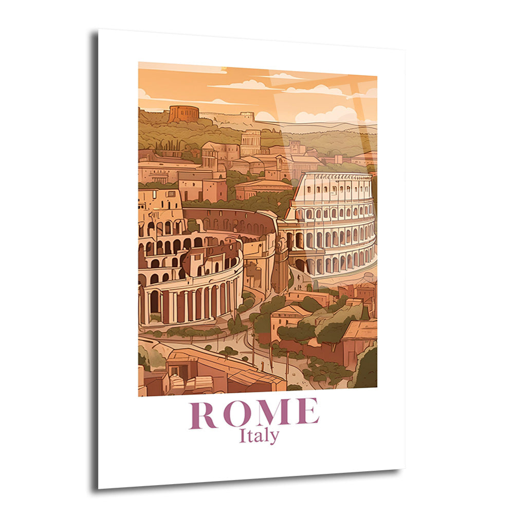 Roma'nın tarihi Kolezyum ve çevresindeki yapıları gösteren, sıcak turuncu ve kahverengi tonlarında çizim stilinde bir cam tablo. Tablonun altında 'ROME Italy' yazısı bulunuyor.