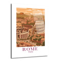Roma'nın tarihi Kolezyum ve çevresindeki yapıları gösteren, sıcak turuncu ve kahverengi tonlarında çizim stilinde bir cam tablo. Tablonun altında 'ROME Italy' yazısı bulunuyor.