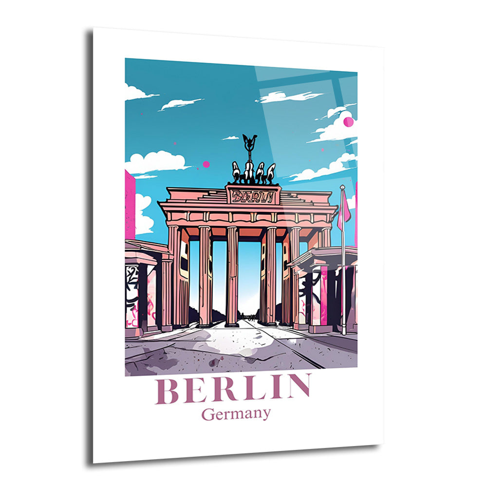 Berlin Brandenburg Kapısı'nın canlı pembe, turkuaz mavi ve siyah tonlarında, pop art tarzında çizilmiş modern bir illüstrasyonu. Kapının üstünde Quadriga heykeli ve altında 'BERLIN Germany' yazısı bulunuyor. Parlak cam bir tablo üzerinde yansımalar mevcut.