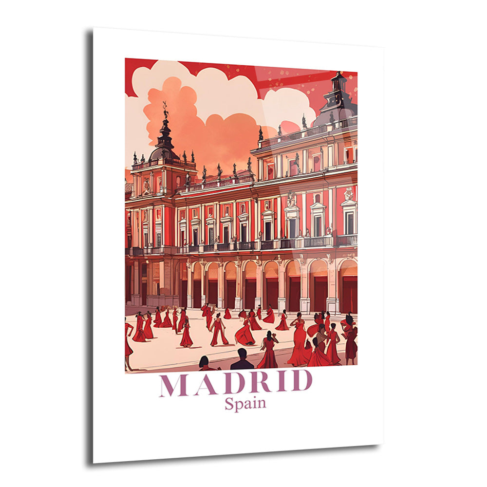 Madrid'de tarihi bir saray yapısının önünde kırmızı elbiseli dansçıların ve insanların toplandığı, turuncu gökyüzü altında çizim stilinde bir cam tablo. Altta 'MADRID Spain' yazısı bulunuyor.